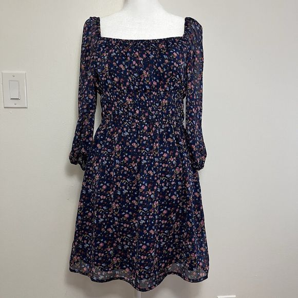 Trixxi Women’s Floral Mini Dress Size M Navy Elastic Waist Lined Long Sleeve - Picture 1 of 11